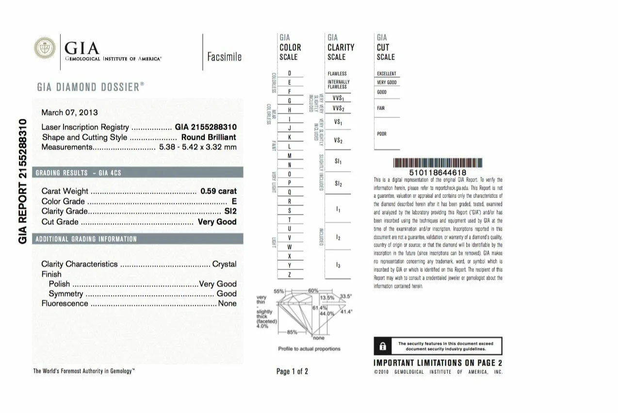 0.59 CT E Color SI2 Natural Loose Diamond GIA Certified Round Cut Brilliant