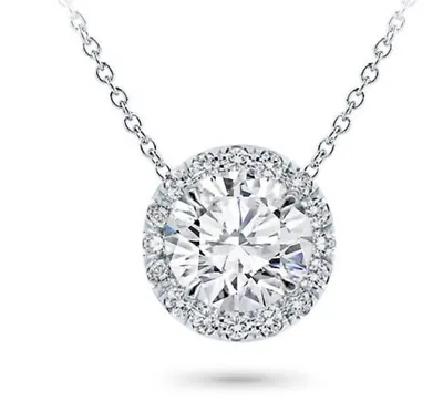 2 CT Halo Necklace14K Pendant White Gold Natural GIA Diamond Round Cut Brilliant