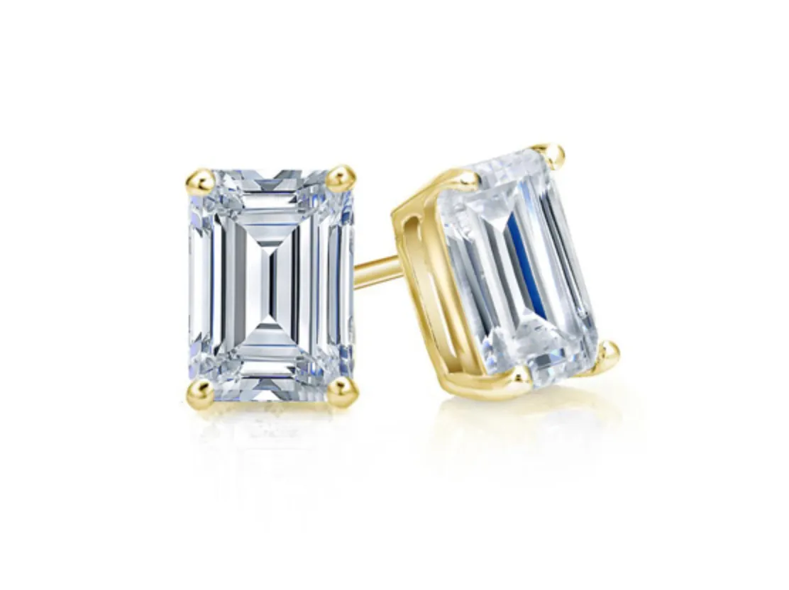 2.01 CTW Diamond Studs Earrings 14k Yellow Gold Screw Back Natural Emerald Cut