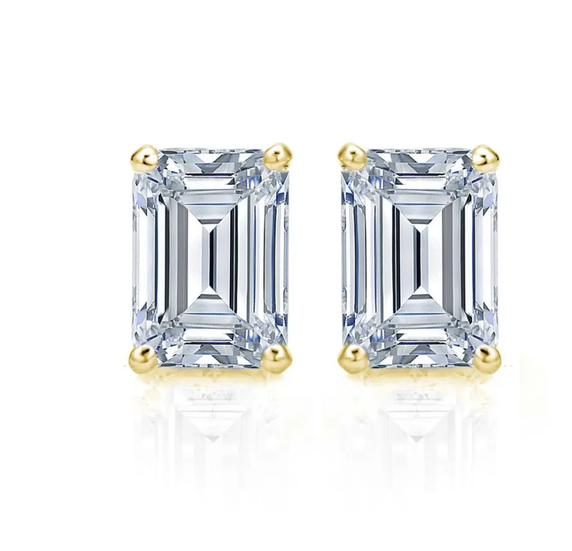 2.01 CTW Diamond Studs Earrings 14k Yellow Gold Screw Back Natural Emerald Cut