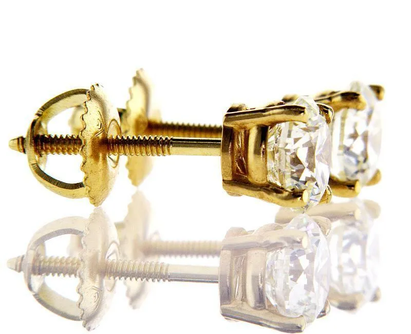 3 CT Studs Earrings 14k Yellow Gold Screw Back Round Cut Natural Diamonds