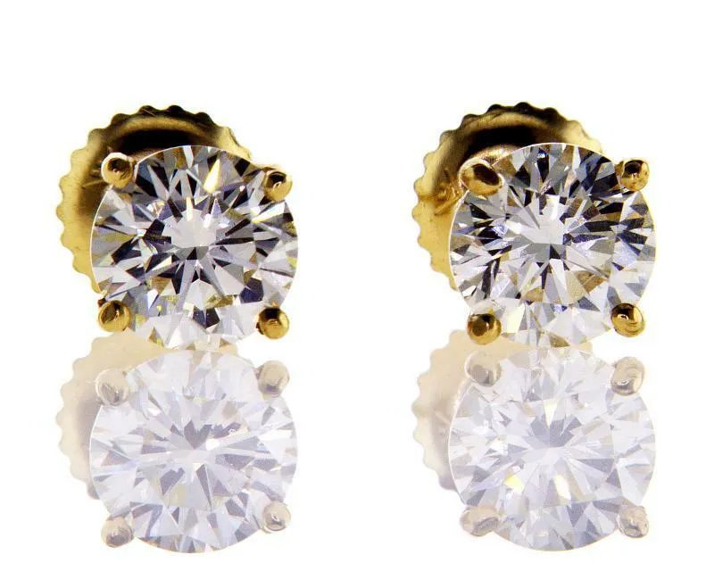 3 CT Studs Earrings 14k Yellow Gold Screw Back Round Cut Natural Diamonds