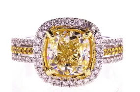 3.50 CT Natural Fancy Yellow Color Diamond Ring VS1 Cushion Cut GIA Certified