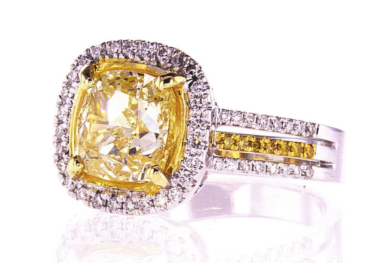 3.50 CT Natural Fancy Yellow Color Diamond Ring VS1 Cushion Cut GIA Certified