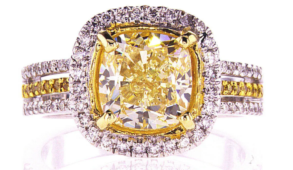 3.50 CT Natural Fancy Yellow Color Diamond Ring VS1 Cushion Cut GIA Certified