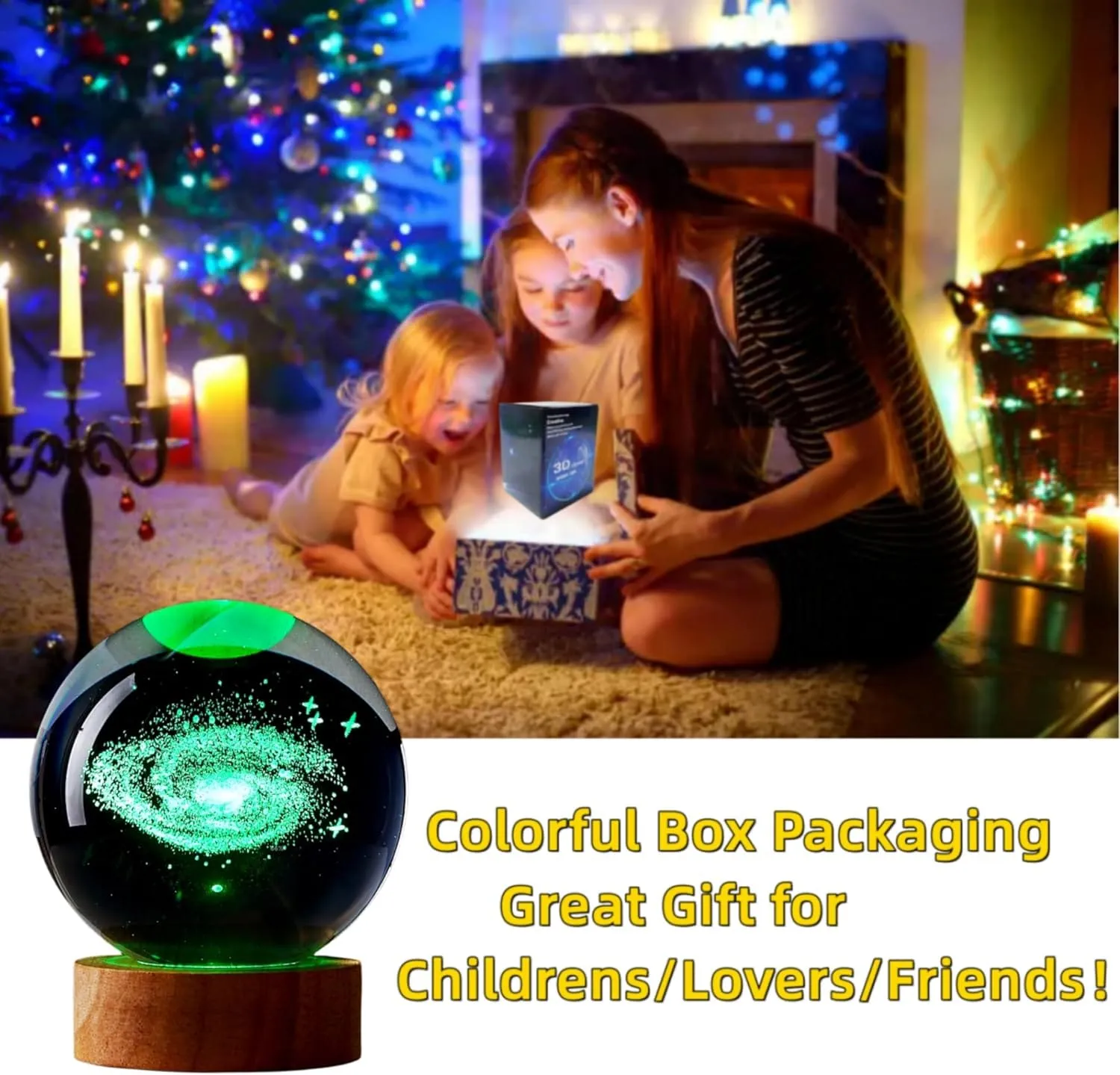 3D Crystal Galaxy Colour Changing RGB 7 Colours Led with Wood Base