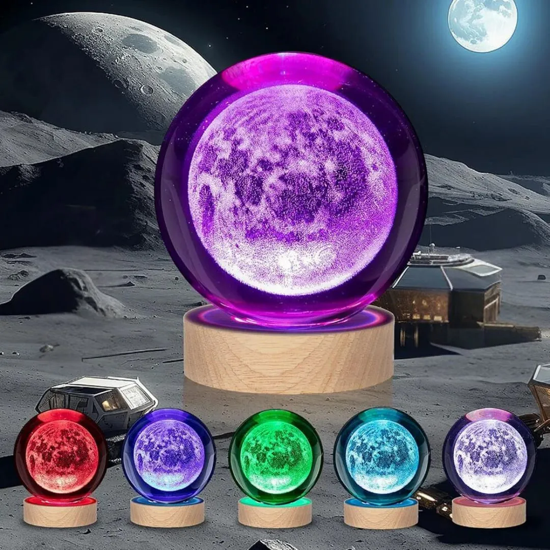 3D Crystal Moon Colour Changing RGB 7 Colours Led with Wood Base (No Cod Allowed)