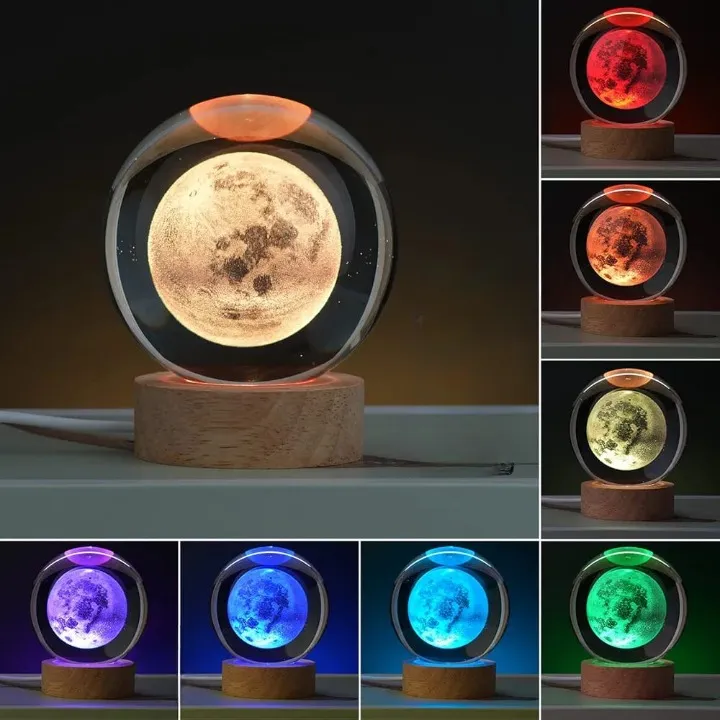 3D Crystal Moon Colour Changing RGB 7 Colours Led with Wood Base (No Cod Allowed)