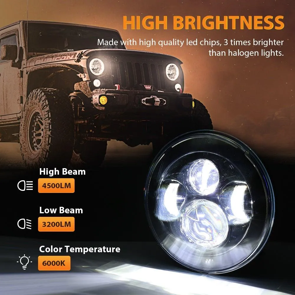 7 Inch LED Headlight Replacement with Halo Ring  H4 LED Headlight Brightness Intensifier Wiring Harness for Jeep Wrangler JK TJ LJ