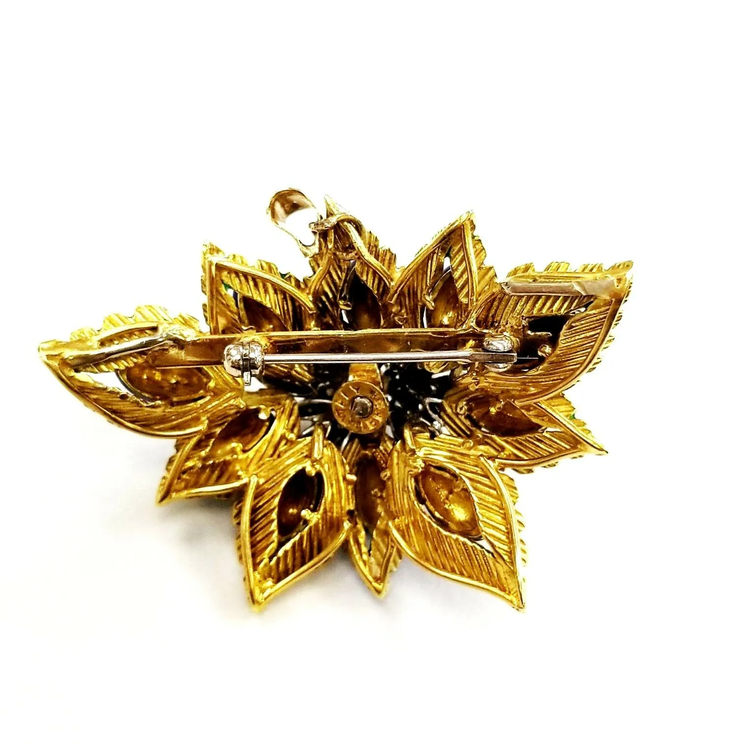 Christmas Flower Natural Diamonds Brooch Pendant Estate 18k Yellow gold Handmade