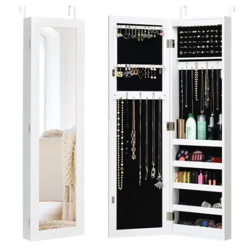 Costway HW58924 Wall And Door Mirrored Jewelry Cabinet With Led Light - White