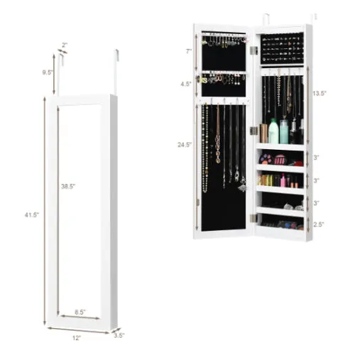 Costway HW58924 Wall And Door Mirrored Jewelry Cabinet With Led Light - White