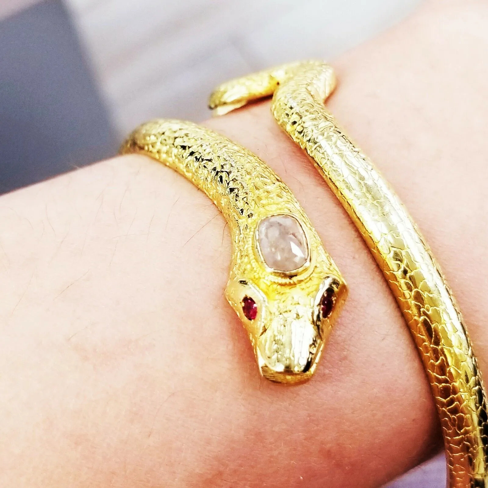 Diamond Bracelet Gold Serpent with Ruby Eyes Rare Vintage Estate 18k Solid Gold