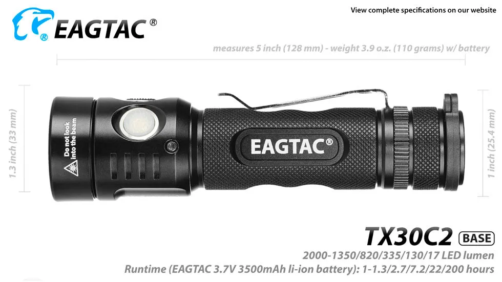 EagTac TX30C2 1870 Lumen Flashlight CREE XHP 35 HI LED - Cool White BASE