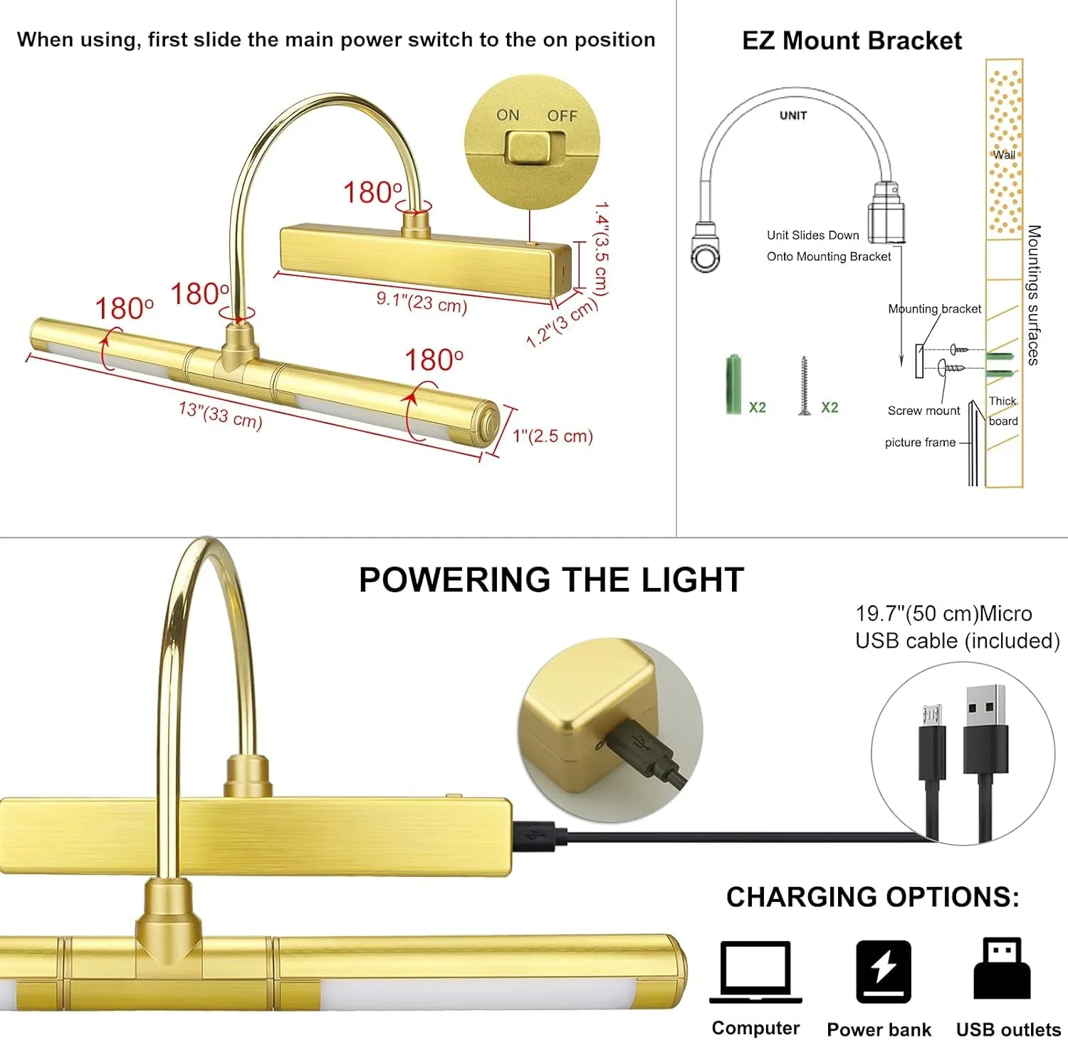 LED Picture Light with Remote Control, Rechargeable LED Wall Lights with 12 Colors Changing, LED Display Lamp 13 Inches Rotatable Light Head for Painting Dartboard Frame Portrait Art, Gold