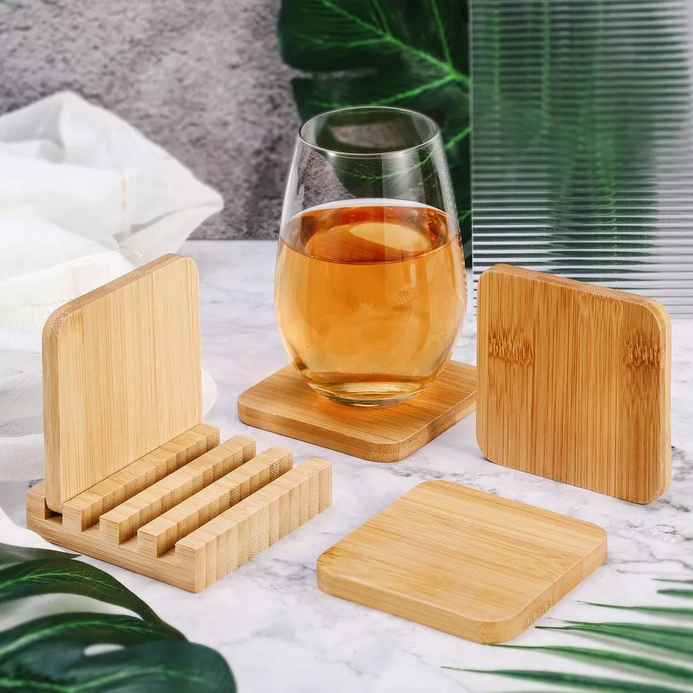 Natural Bamboo Coasters - Set of 4 Natural Wood Square Drink Coaster with Holder