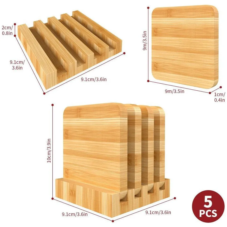 Natural Bamboo Coasters - Set of 4 Natural Wood Square Drink Coaster with Holder