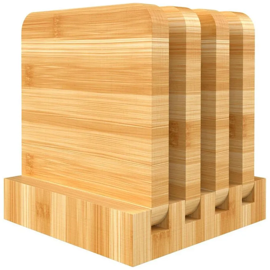 Natural Bamboo Coasters - Set of 4 Natural Wood Square Drink Coaster with Holder