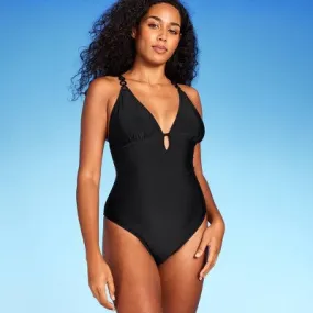 New - Shade & Shore Women's Plunge Cheeky One Piece Swimsuit Hardware Swimwear Black M