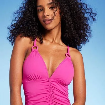 New - Shade & Shore Women's V Neck One Piece Swimsuit Tummy Control, Hot Pink M