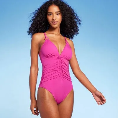 New - Shade & Shore Women's V Neck One Piece Swimsuit Tummy Control, Hot Pink M