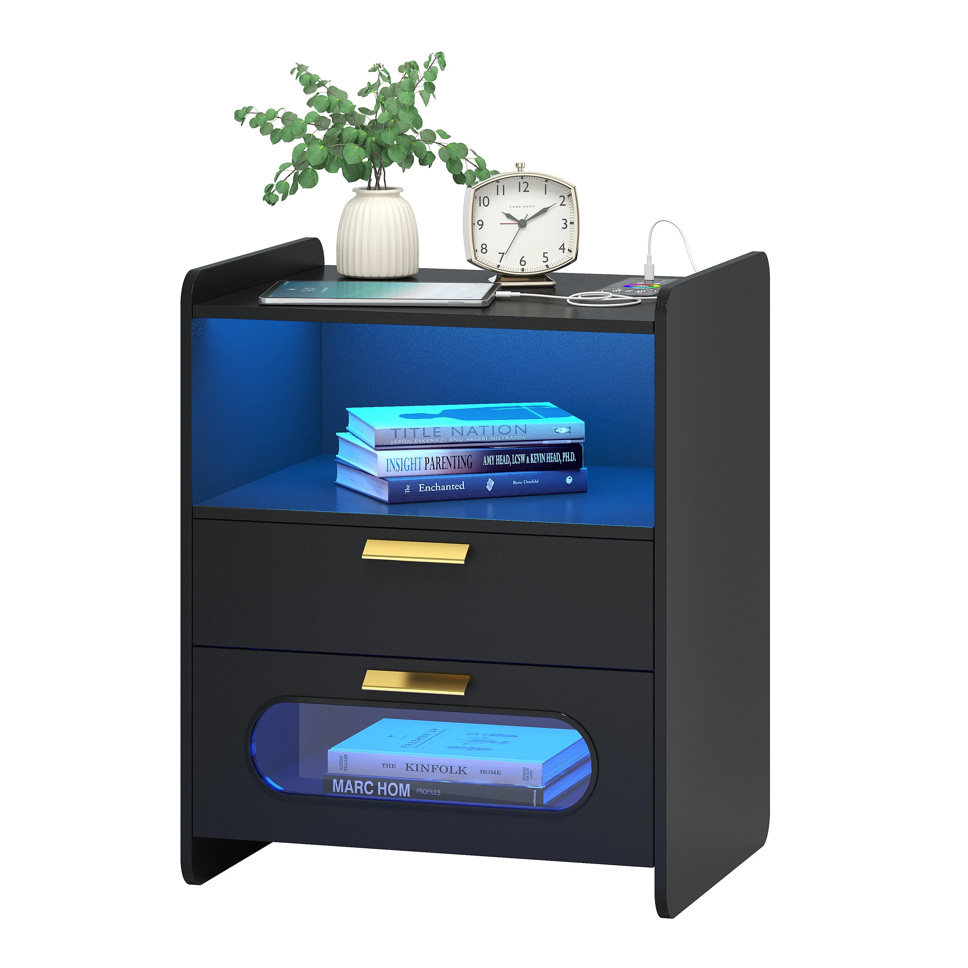 Nightstand with Wireless Charging Station, 24 Color LED Lights