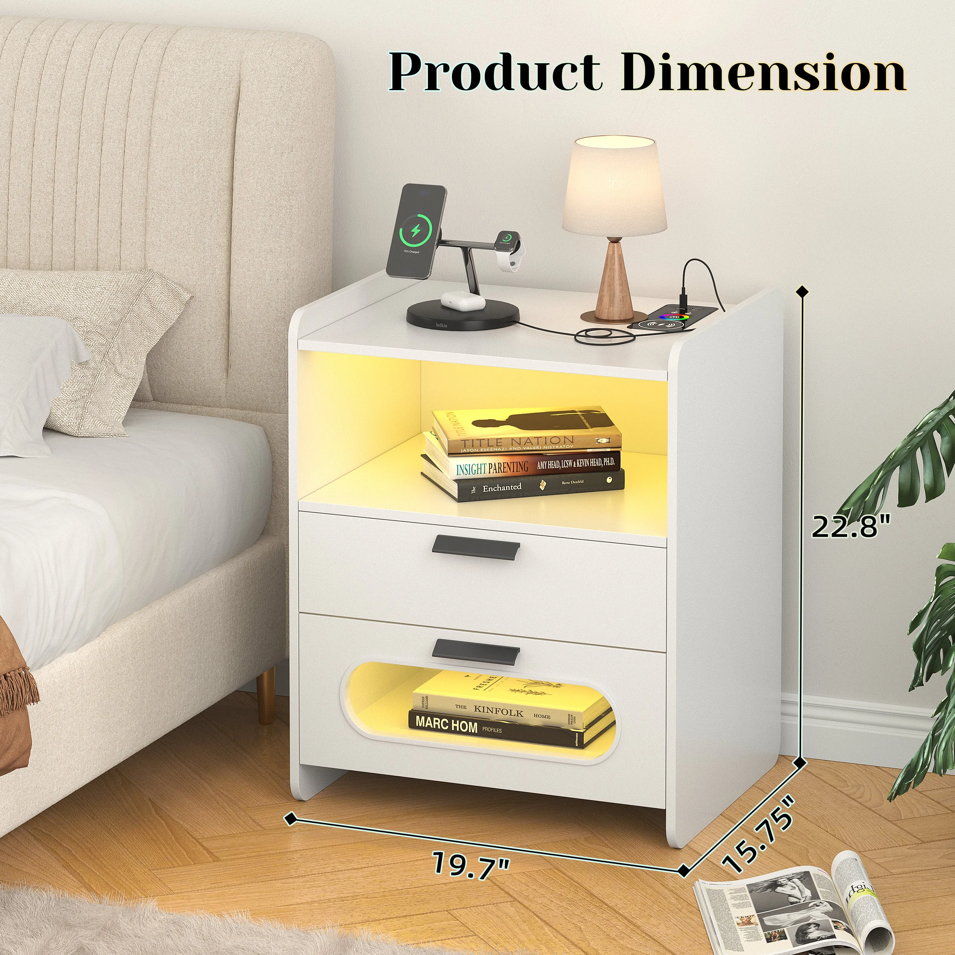 Nightstand with Wireless Charging Station, 24 Color LED Lights